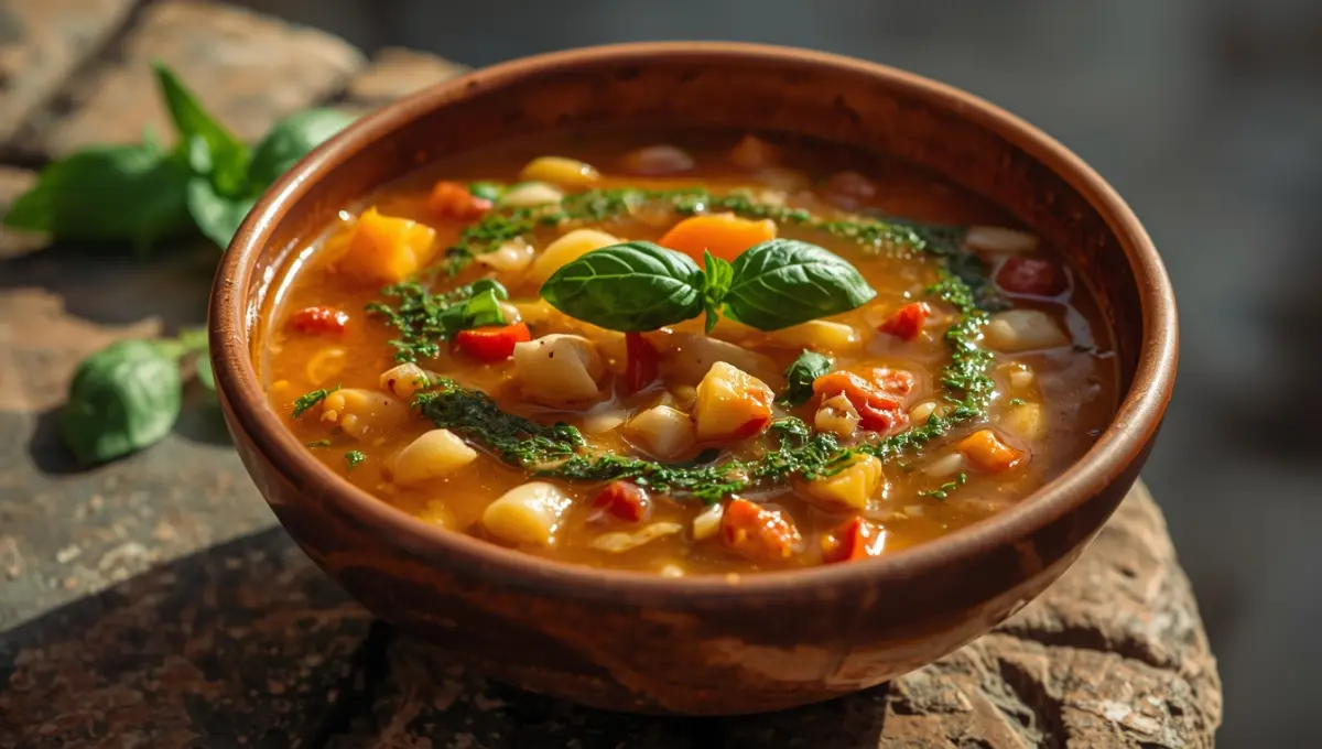Soupe au pistou provençale dans un bol en céramique, haricots légumes pâtes et pistou basilic, cuisine méditerranéenne estivale