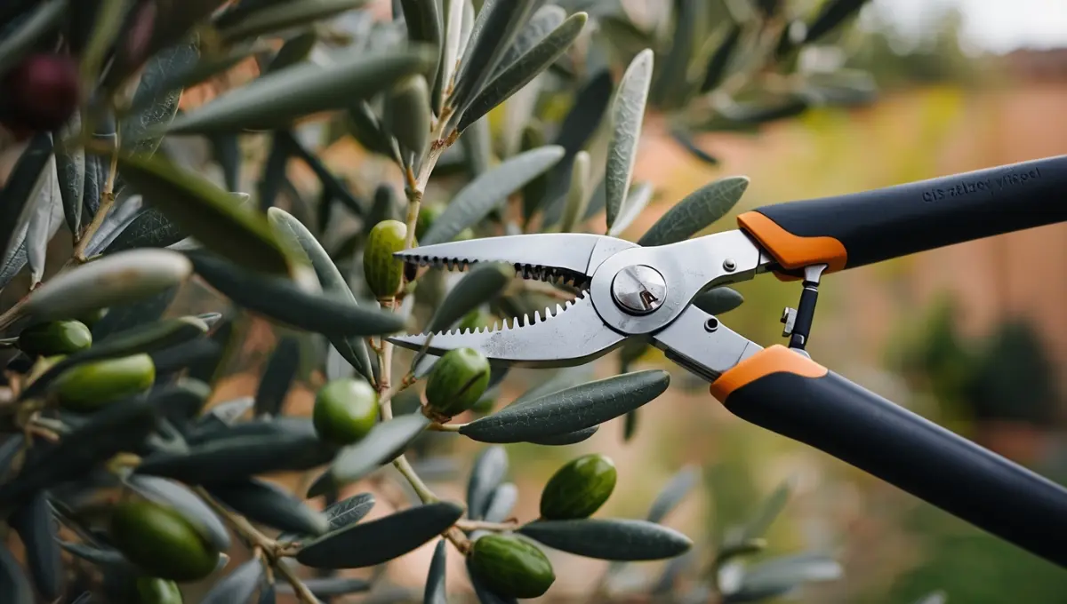 Taille de l'olivier avec un sécateur au printemps, bourgeons naissants visibles sur les rameaux