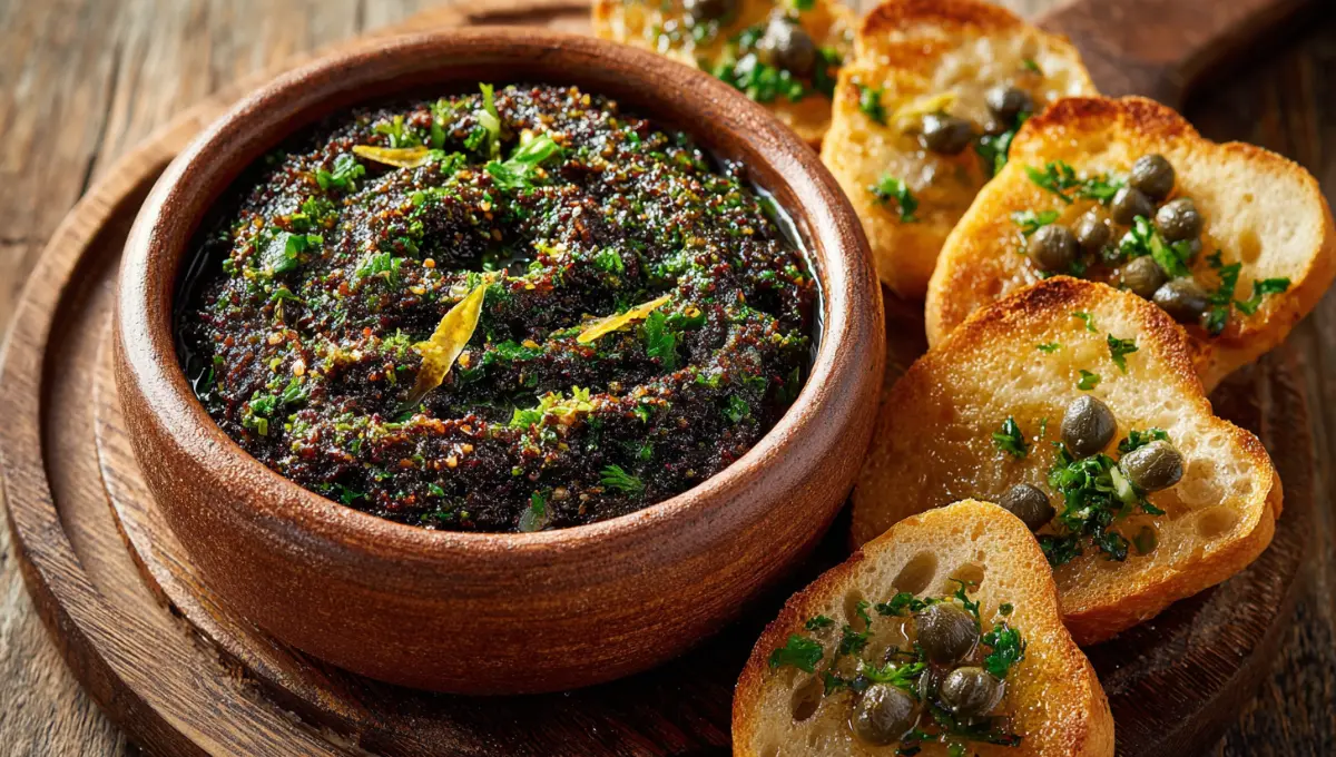 Tapenade noire maison dans un bol en terre cuite, recette provençale traditionnelle
