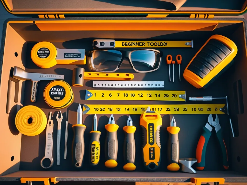 Boîte à outils de départ pour débuter le bricolage à la maison avec marteau, tournevis et mètre ruban