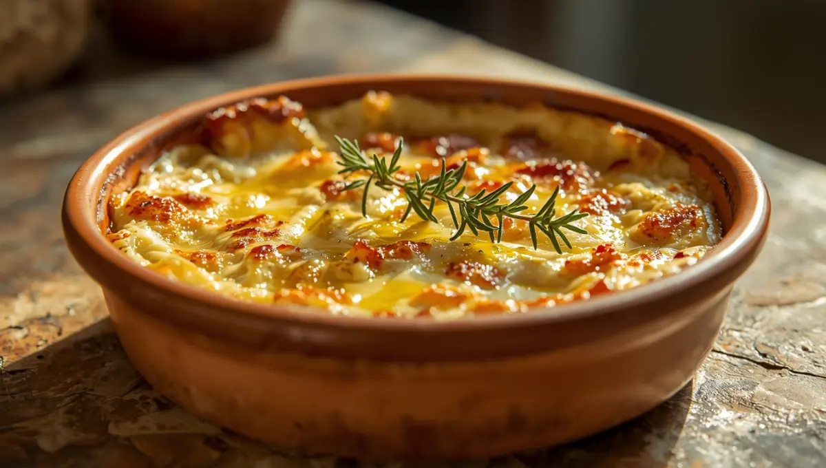 Brandade de morue maison gratinée dans un plat en terre cuite, croûte dorée et filet d'huile d'olive, recette traditionnelle du Sud