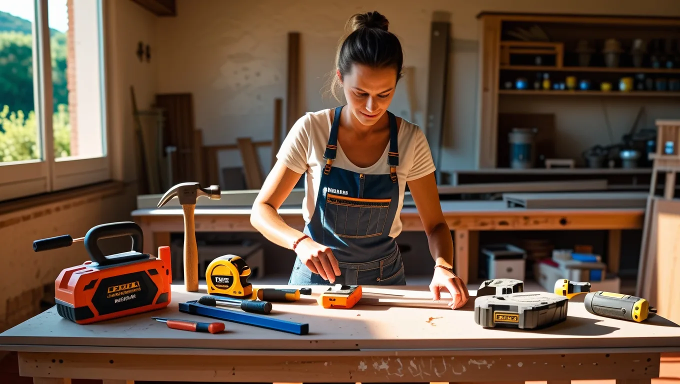 Camille prépare sa boîte à outils de bricolage débutant sur un établi en bois dans une maison du sud