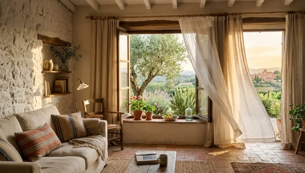Rideaux en lin naturel dans un salon méditerranéen baigné de lumière