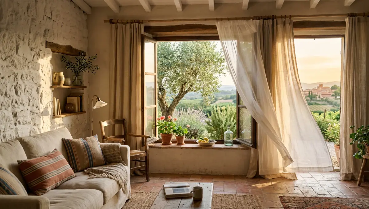 Rideaux en lin naturel dans un salon méditerranéen baigné de lumière