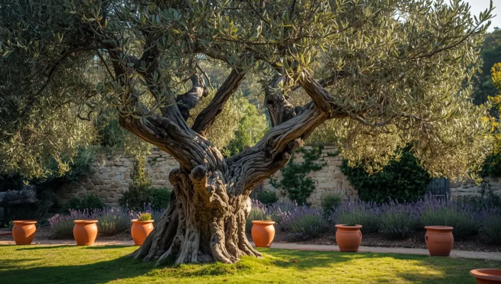 Olivier cultivé dans un jardin provençal avec bordure de lavande et sol drainant bien exposé