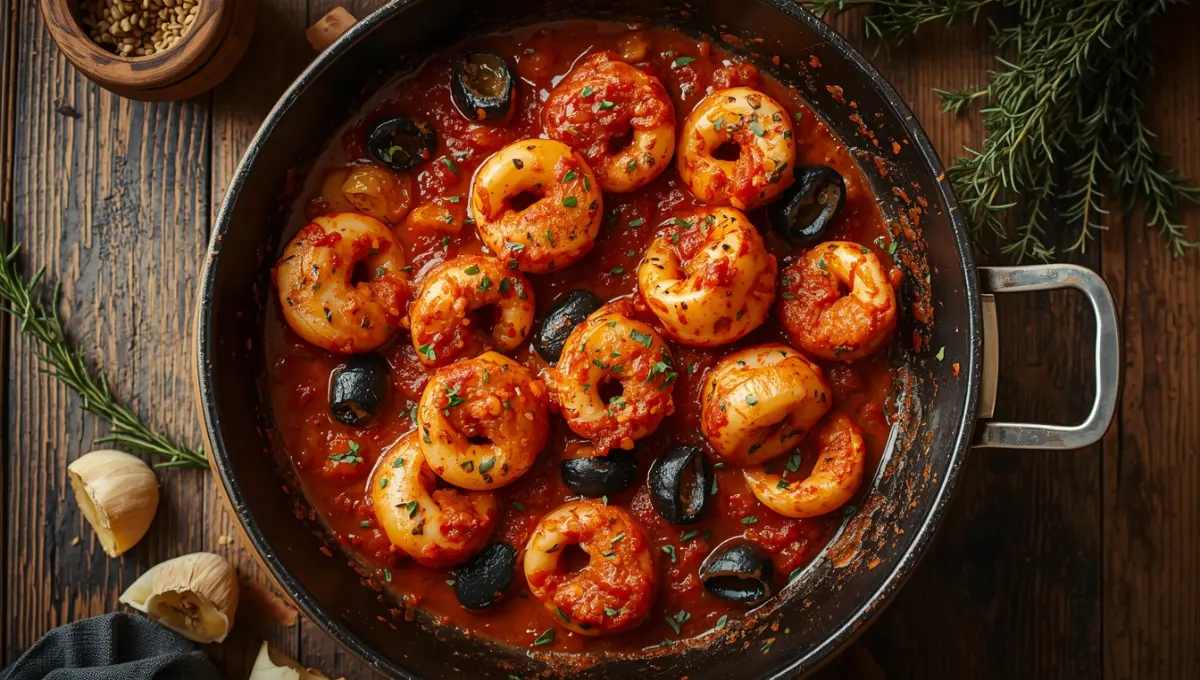 Encornets à la provençale dans une poêle en fonte, sauce tomate ail thym et olives noires, recette méditerranéenne