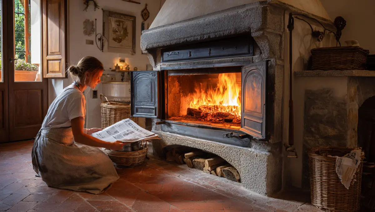 Femme nettoyant la vitre d'un insert à bois avec du papier journal dans un intérieur provençal chaleureux