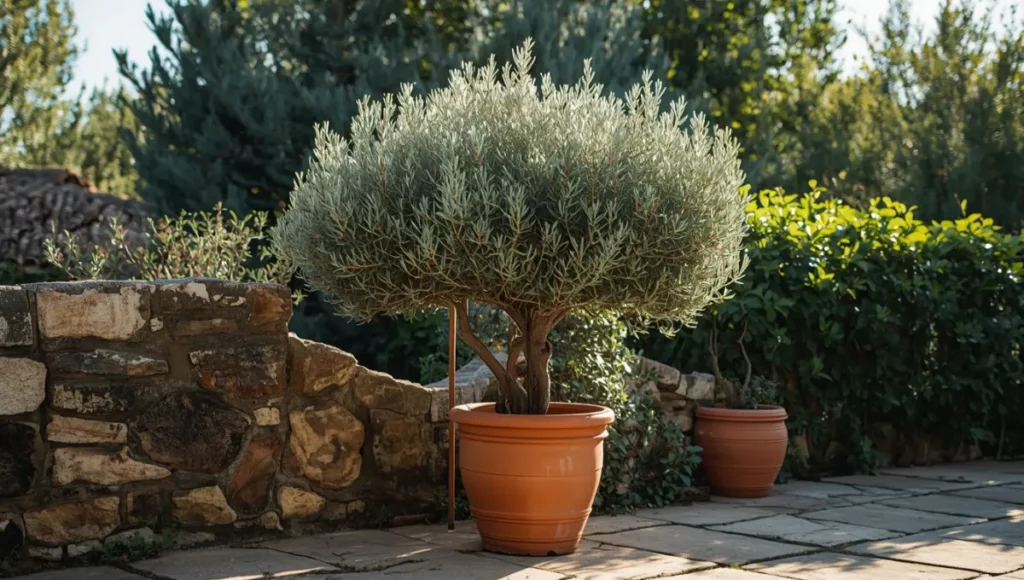 Olivier en pot en terre cuite sur une terrasse provençale ensoleillée, feuillage argenté brillant à la lumière du matin