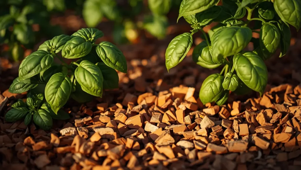Paillage organique en copeaux de bois autour de plants de tomates et basilic dans un potager méditerranéen en Drôme provençale
