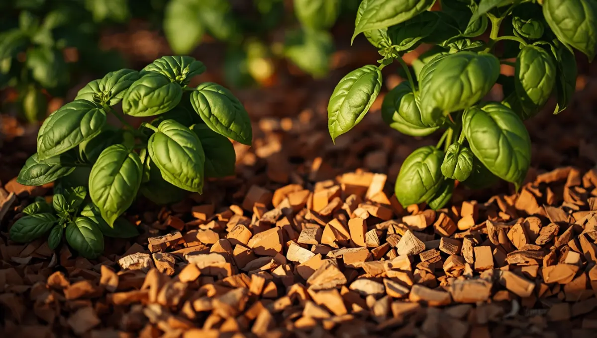 Paillage organique en copeaux de bois autour de plants de tomates et basilic dans un potager méditerranéen en Drôme provençale