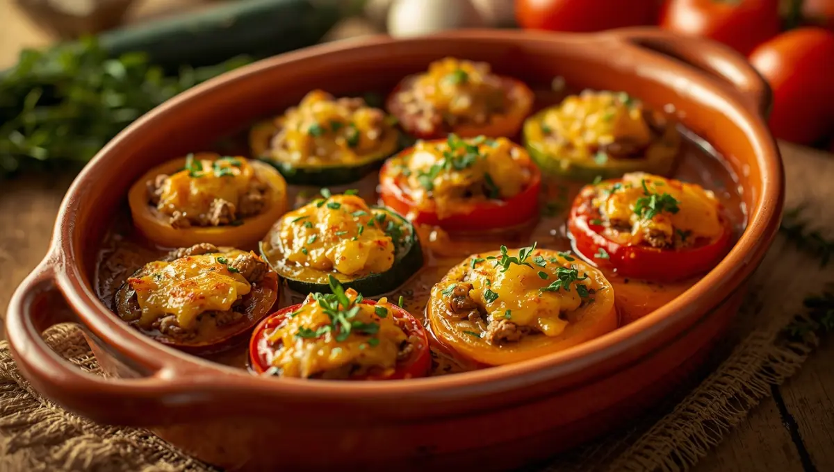 Petits farcis provençaux en plat à gratin, courgettes rondes tomates et oignons farcis dorés au four, cuisine méditerranéenne