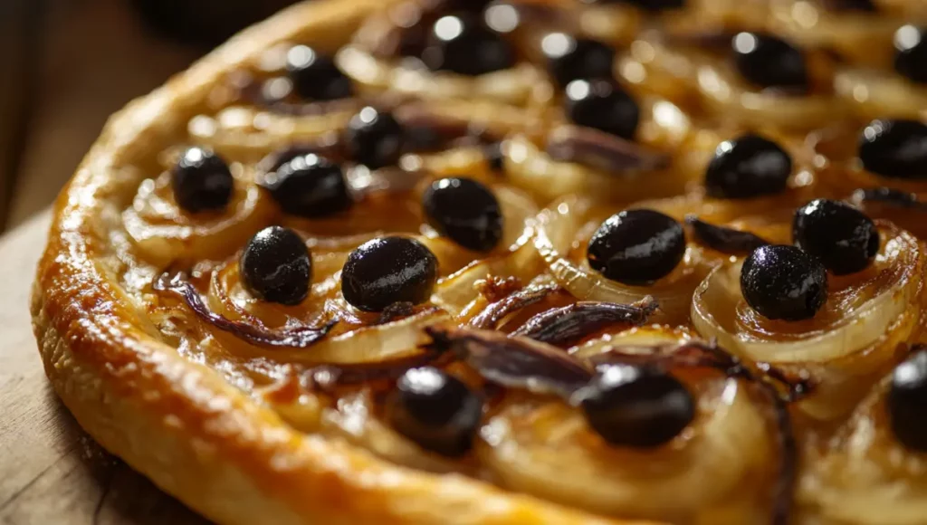 Pissaladière niçoise maison dorée sortie du four, oignons confits anchois en croisillons et olives noires de Nice sur pâte à pain