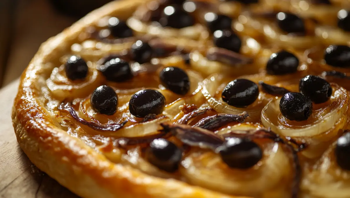Pissaladière niçoise maison dorée sortie du four, oignons confits anchois en croisillons et olives noires de Nice sur pâte à pain