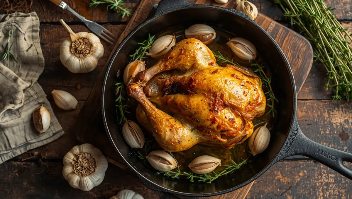 Poulet entier doré en cocotte en fonte avec ail en chemise confit et thym frais, recette provençale du dimanche