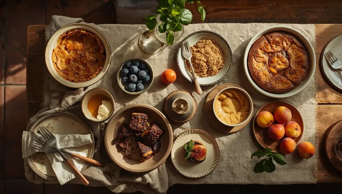 Sélection de recettes de desserts maison faciles sur table provençale - clafoutis, fondant, crumble aux abricots