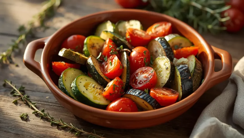 Tian de légumes provençal dans un plat en terre cuite avec courgettes, tomates et aubergines disposées en rondelles, herbes de Provence