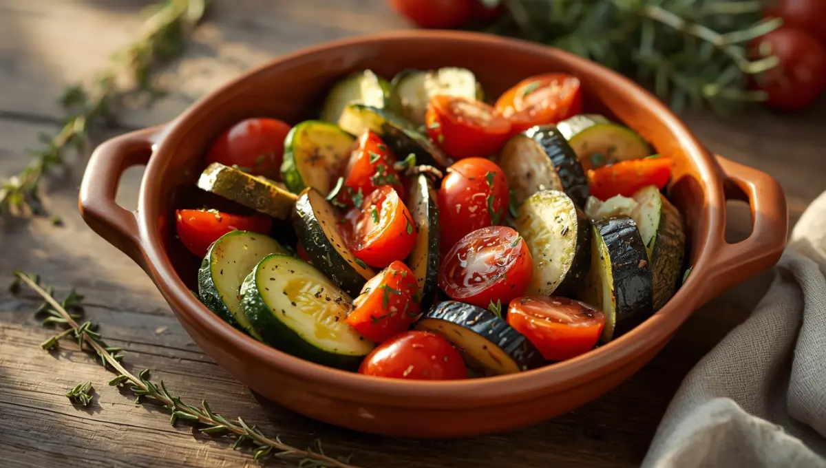Tian de légumes provençal dans un plat en terre cuite avec courgettes, tomates et aubergines disposées en rondelles, herbes de Provence