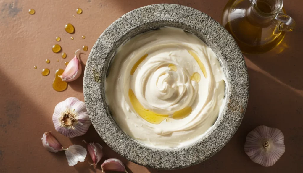 Aïoli fait maison dans un mortier en pierre provençal entouré de gousses d'ail violet et d'huile d'olive, recette de grand-mère