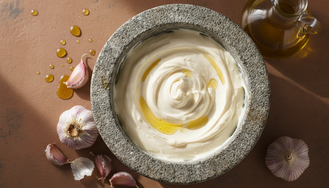Aïoli fait maison dans un mortier en pierre provençal entouré de gousses d'ail violet et d'huile d'olive, recette de grand-mère