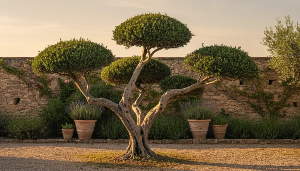 Olivier adulte taillé en nuage dans un jardin provençal, trois pompons de feuillage arrondis sur tronc noueux, lumière dorée de fin après-midi