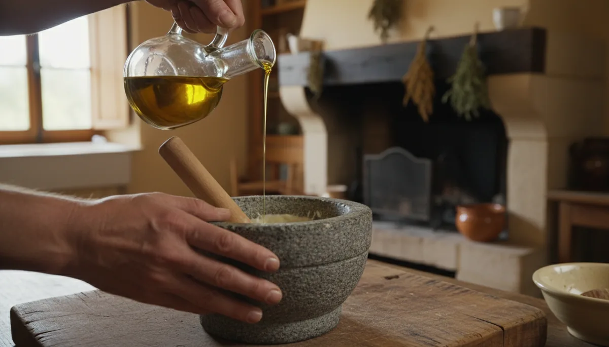 Technique pour incorporer l'huile d'olive goutte à goutte dans le mortier lors de la préparation de l'aïoli provençal