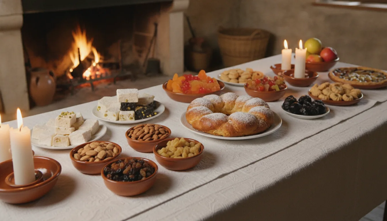 Table provençale des 13 desserts de Noël avec mendiants, pompe à l'huile, nougats et fruits confits
