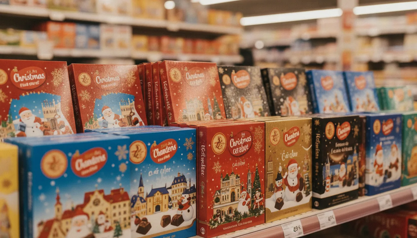 Calendriers de l'avent en chocolat alignés dans le rayon d'un supermarché Lidl en novembre