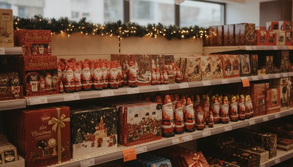 Rayon de chocolats de Noël Lidl avec figurines, calendriers de l'avent et boîtes de pralines Favorina