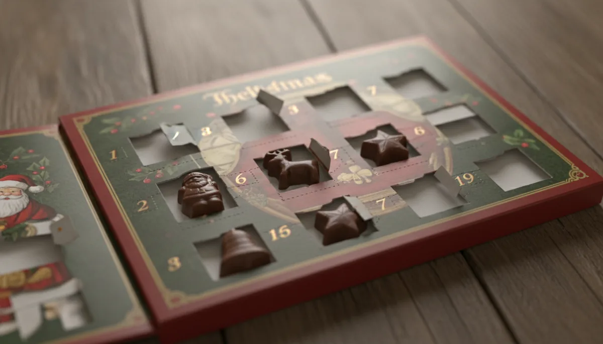 Chocolats au lait d'un calendrier de l'avent sortis de leurs cases pour la dégustation