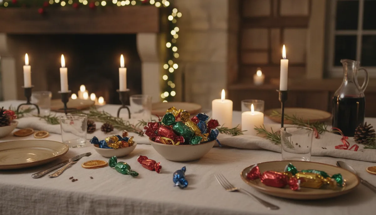Papillotes de chocolat servies en coupelles sur une table de réveillon dressée à la provençale