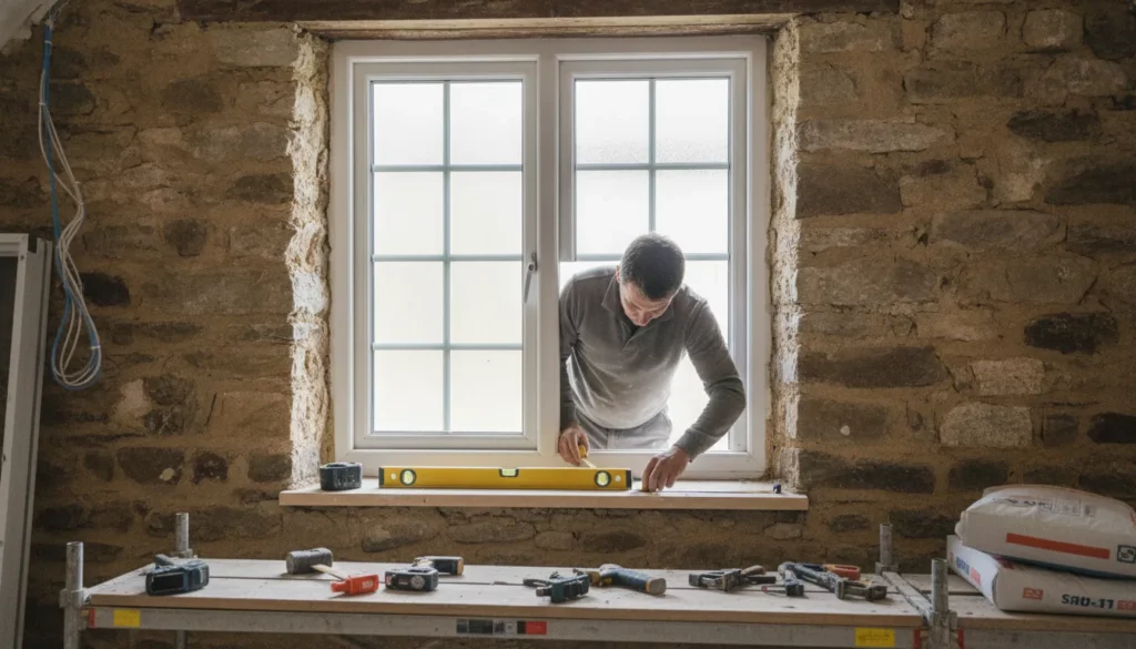Pose d'une fenêtre double vitrage en PVC dans le mur en pierre d'un mas en rénovation