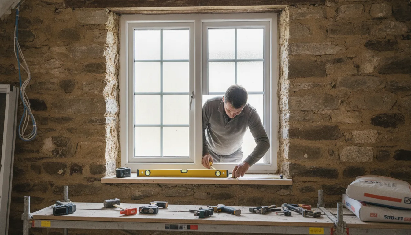 Pose d'une fenêtre double vitrage en PVC dans le mur en pierre d'un mas en rénovation