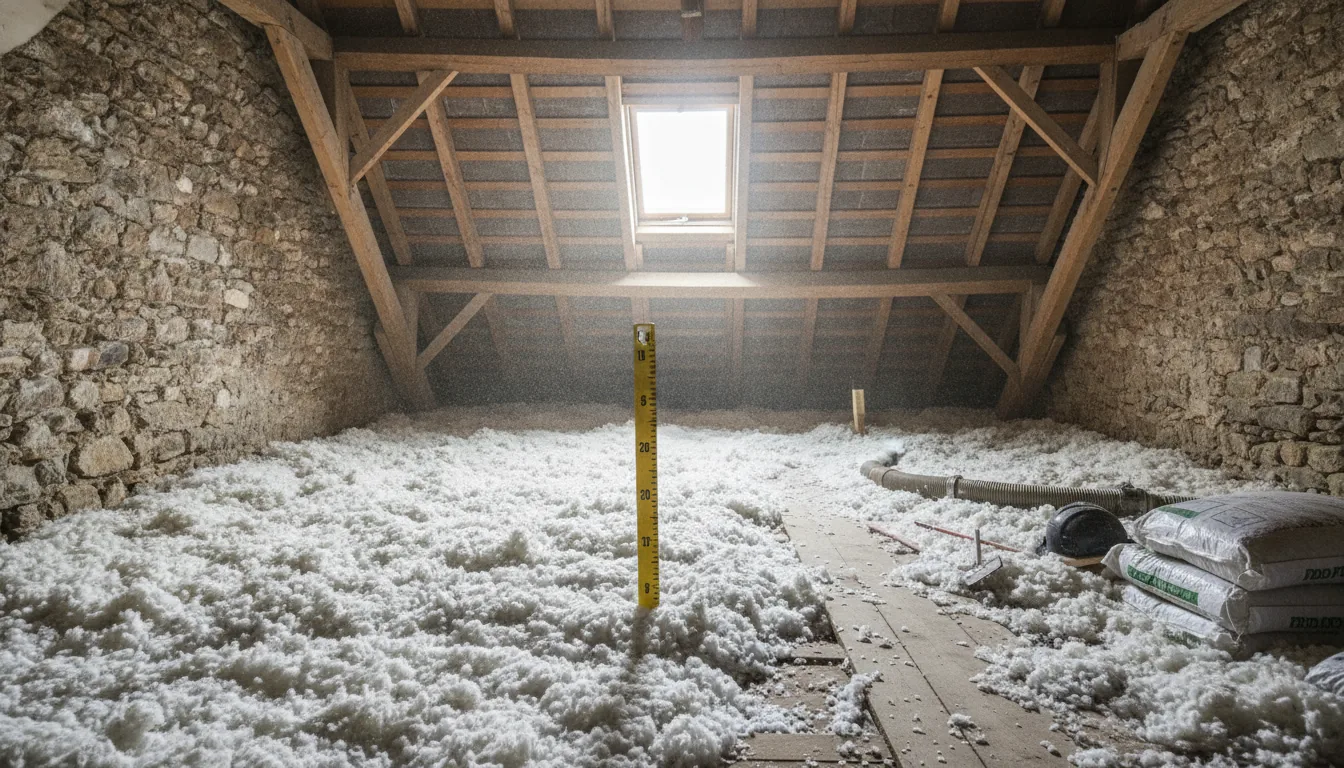 Combles perdus d'un mas isolés par soufflage de laine minérale entre les poutres de charpente