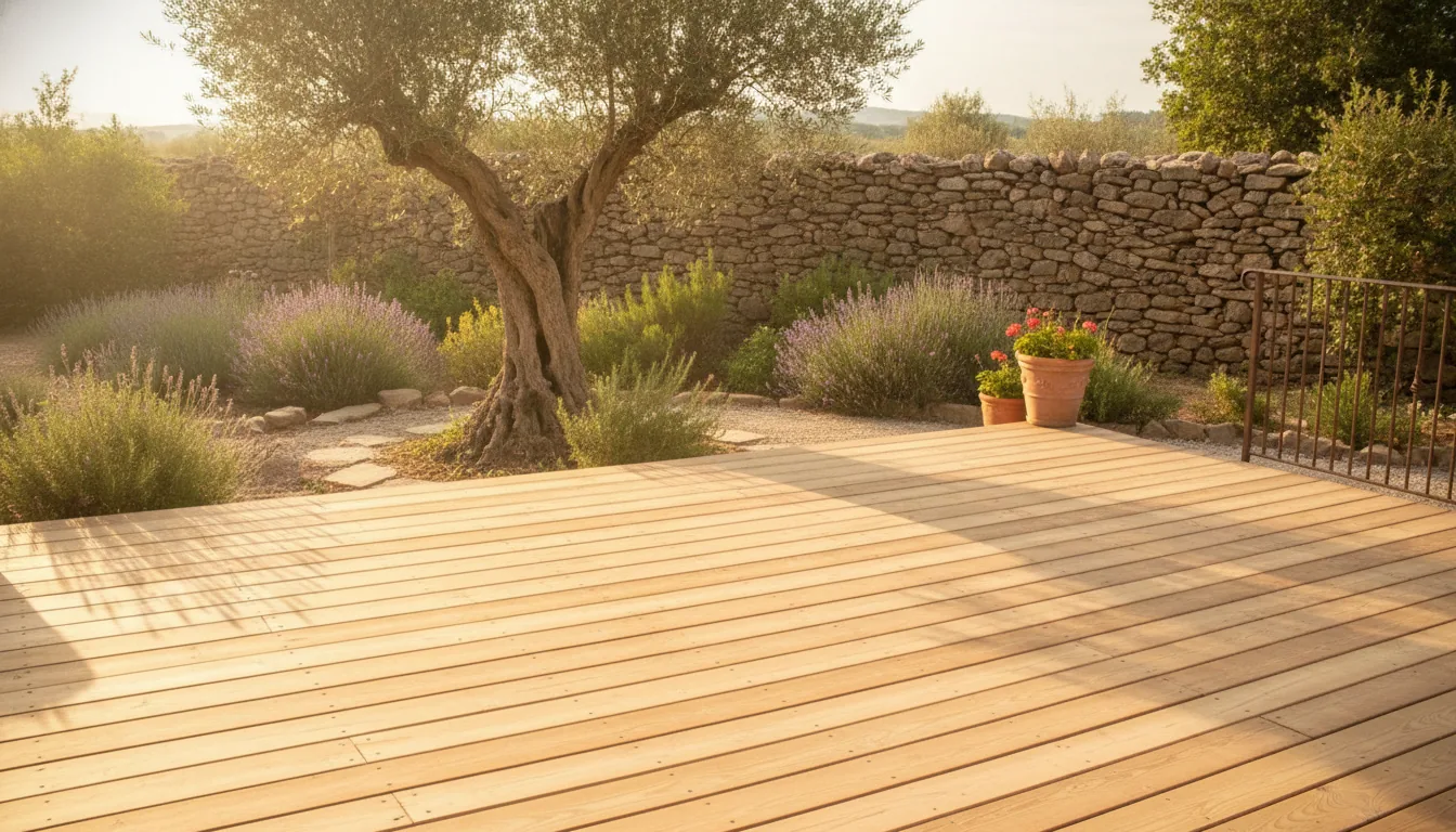 Terrasse en bois clair posée dans un jardin provençal, avec olivier et mur en pierre