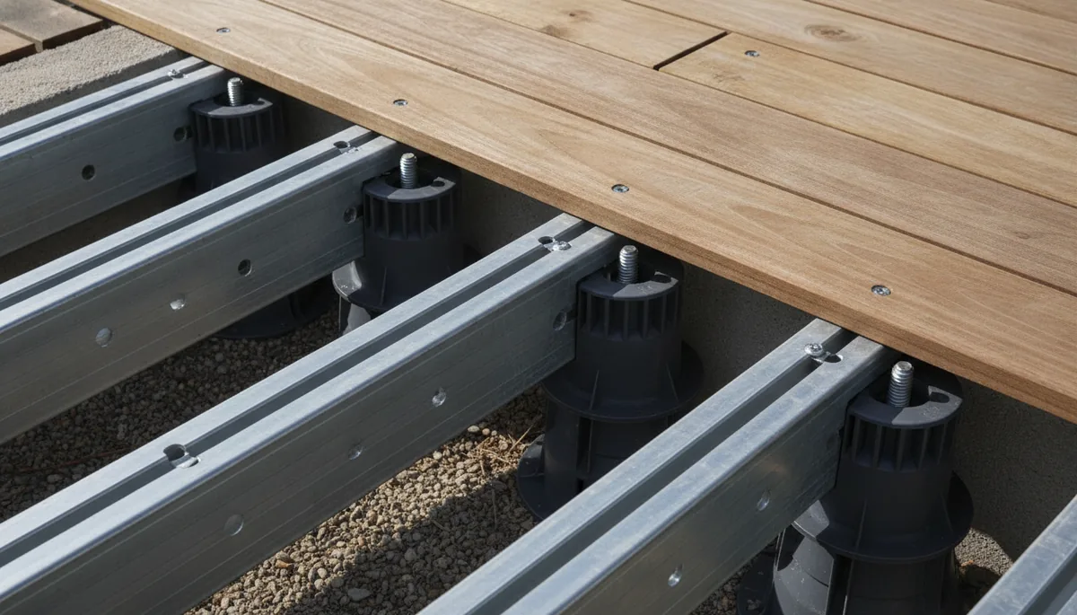 Structure d'une terrasse en bois sur plots réglables et lambourdes avant la pose des lames